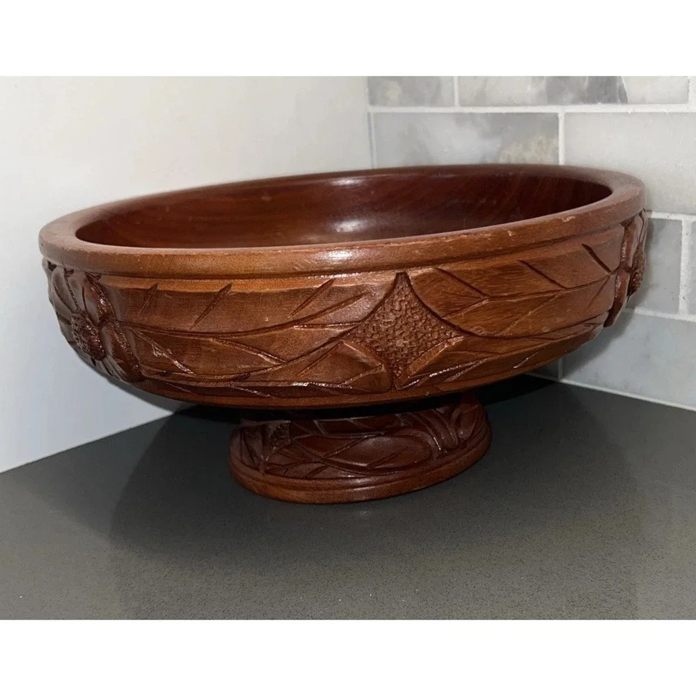 Vintage Carved Wood Tiki Bowl Tribal Ethnic Honduras Large Pedestal Centerpiece